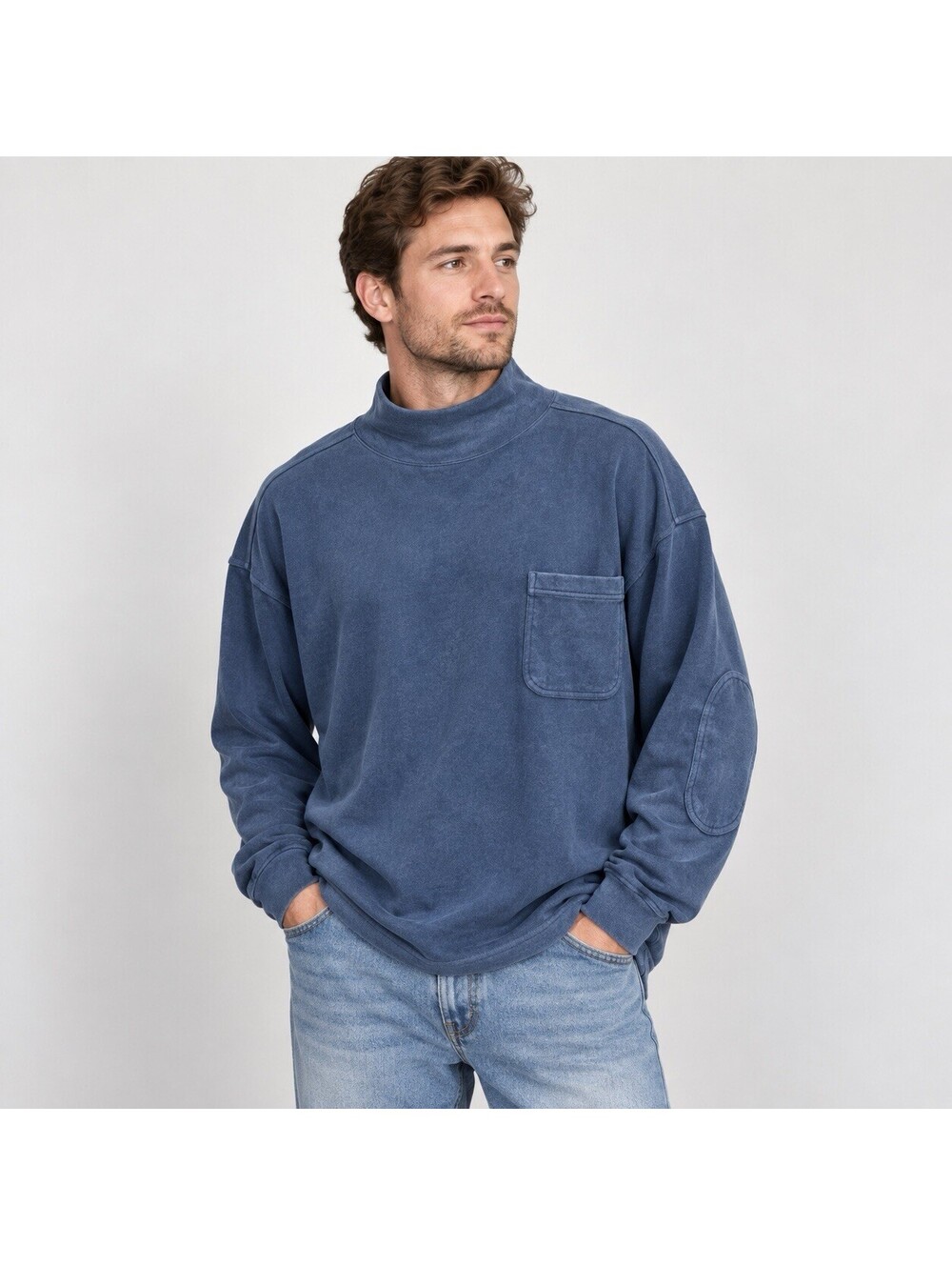 Vintage FILA Sport Mens L Mock Neck Pullover Blue Elbow Patch Pocket 90s Y2k